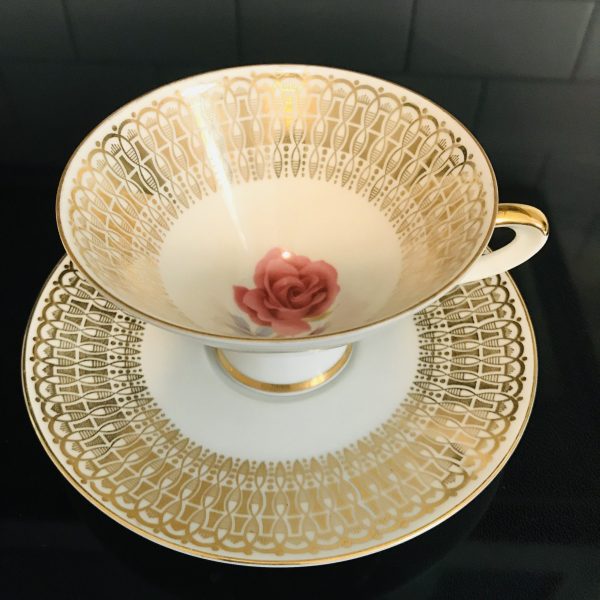Marktleuthen Bavaria Tea cup and saucer Modern Atomic Fine bone china heavy gold trim Red Rose Center collectible display coffee