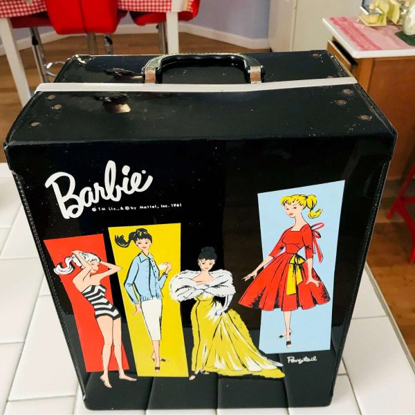 Mattel Barbie Case Double size 1961 Ponytail Black with original accessory boxes collectible toys dolls accessories carry case