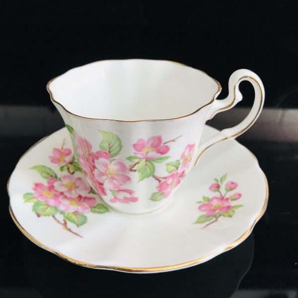 Mayfair Tea cup and saucer England Pink Dogwood brown branches green leaves great detail Fine bone china cottage serving coffee bridal