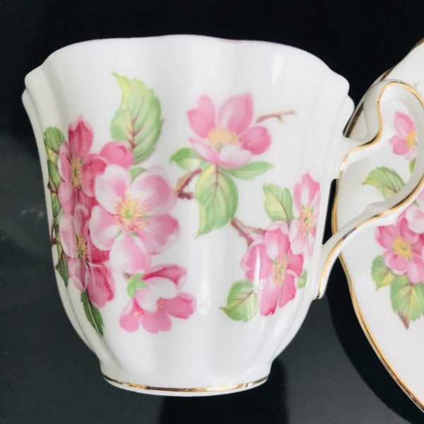 Mayfair Tea cup and saucer England Pink Dogwood brown branches green leaves great detail Fine bone china cottage serving coffee bridal