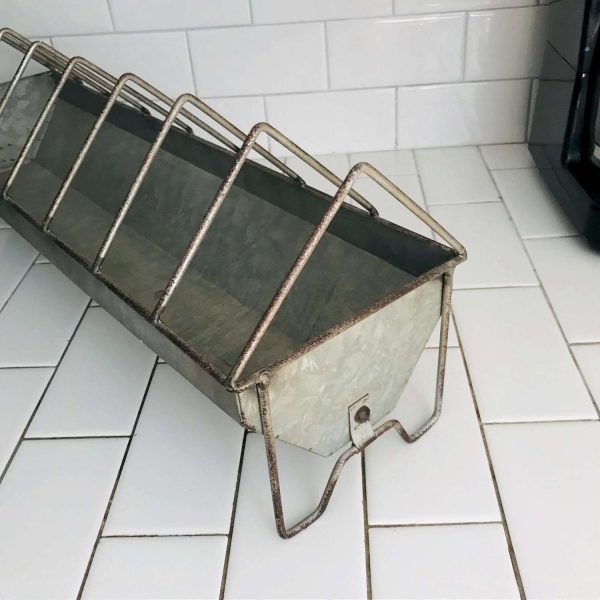 Metal Chicken Feed Rack Galvanized metal slightly rusty doubles as a plate rack farmhouse collectible rustic primitive display