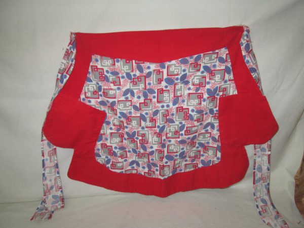 Mid Century Apron Cotton Great Vintage Fabric Double Pocket Red Trim Red white blue and gray pattern Very nice condition