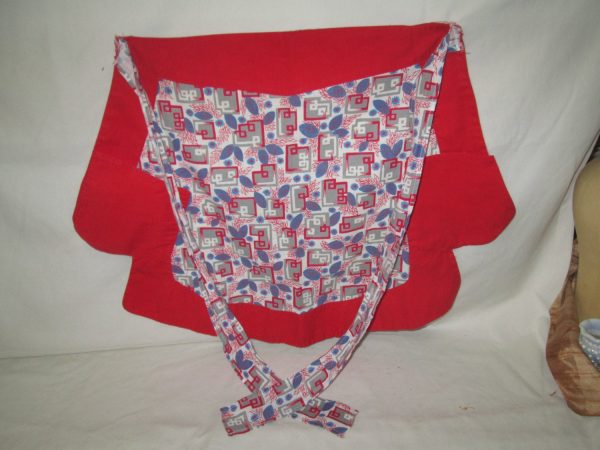 Mid Century Apron Cotton Great Vintage Fabric Double Pocket Red Trim Red white blue and gray pattern Very nice condition