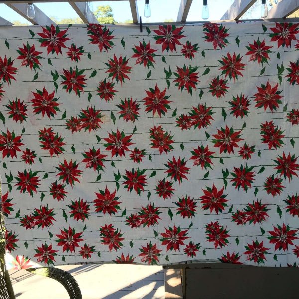Mid Century Christmas Tablecloth printed cotton red and white with green leaves 50" x 68" kitchen retro Holidays