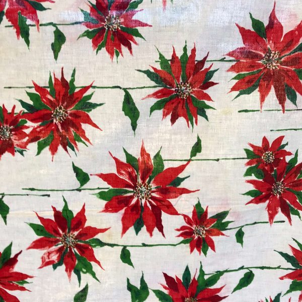 Mid Century Christmas Tablecloth printed cotton red and white with green leaves 50" x 68" kitchen retro Holidays