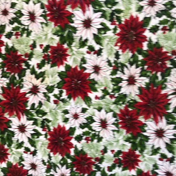 Mid Century Christmas Tablecloth printed cotton red and white with green leaves 58" x 68" kitchen retro Holidays