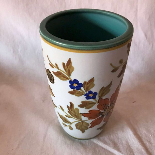 Mid Century Flora Gouda Holland Hand painted Pottery Vase with original label signed bottom Mint condition Rust and blue flowers