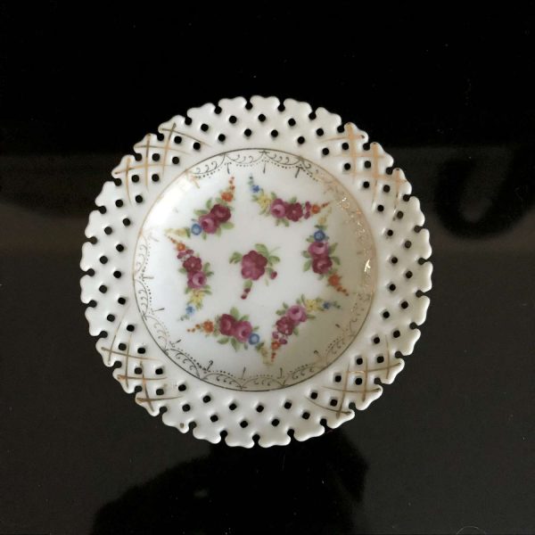 Mid Century Japan trinket dish gold trimmed round ring bowl reticulated rim collectible display farmhouse cottage