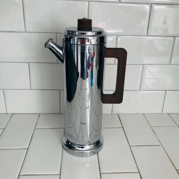 Mid Century Modern Coffee Tea Dispenser teapot coffee pot sleek chrome wooden handles Farberware collectible MOD RETRO ATOMIC
