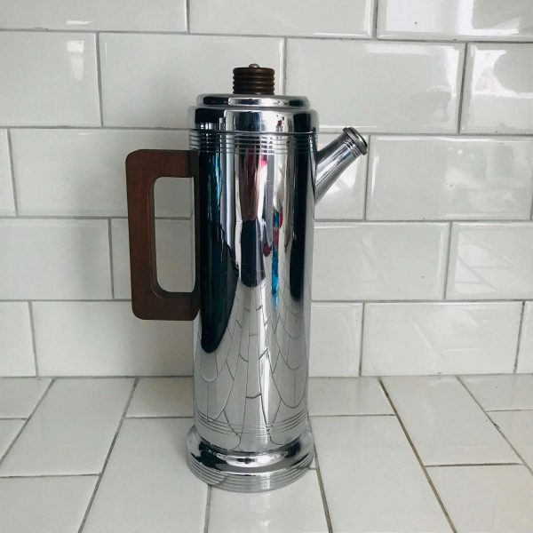 Mid Century Modern Coffee Tea Dispenser teapot coffee pot sleek chrome wooden handles Farberware collectible MOD RETRO ATOMIC