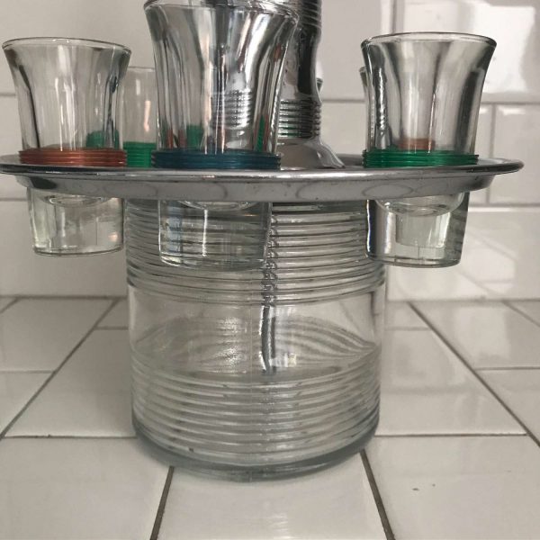 Mid Century Modern Drink Decanter with 6 shot glasses chrome pump top with bakelite handle ribbed glass bottle display collectible barware