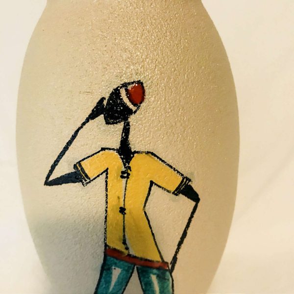 Mid Century Modern Pottery vase with Figure Painted Front and Cactus painted back Signed & numbered Unique glazing yellow red green