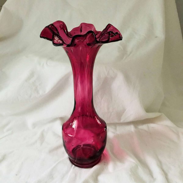 Mid century modern Vase blown pink purple Glass 11" tall with bubble pattern around base and stem ruffled top retro mod collectible display