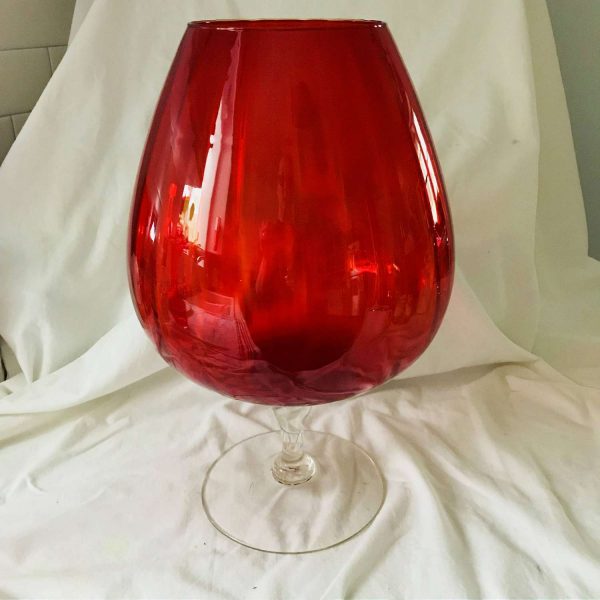 Mid century modern Vase Vessel blown glass 14 1/2" tall red with clear applied pedestal ribbed top atomic retro mod collectible display