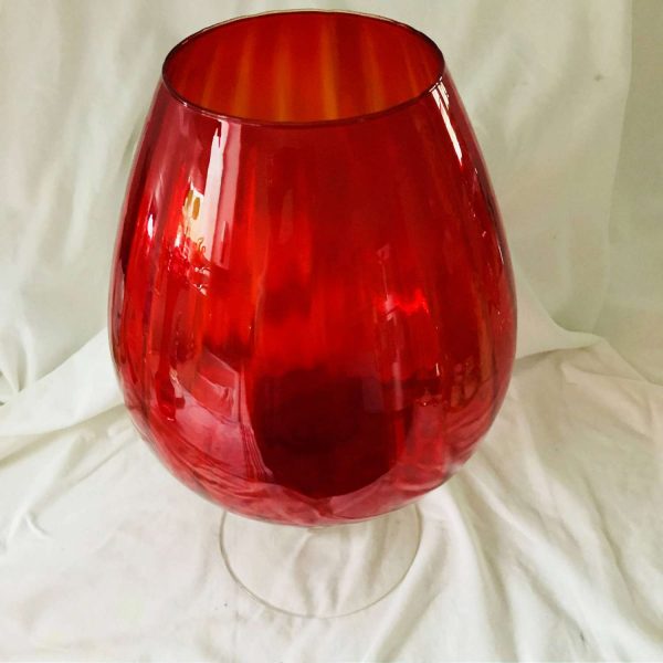 Mid century modern Vase Vessel blown glass 14 1/2" tall red with clear applied pedestal ribbed top atomic retro mod collectible display