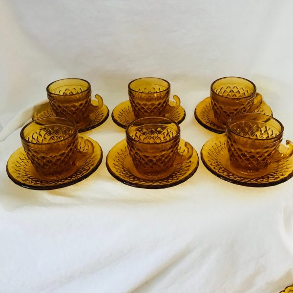 Mid Century set of 6 demitasse tea cups and saucers amber glass diamond pattern collectible serving dining display glassware