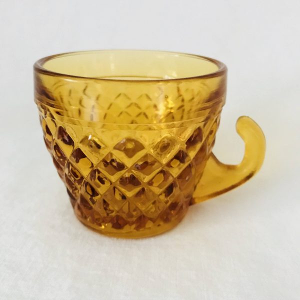 Mid Century set of 6 demitasse tea cups and saucers amber glass diamond pattern collectible serving dining display glassware
