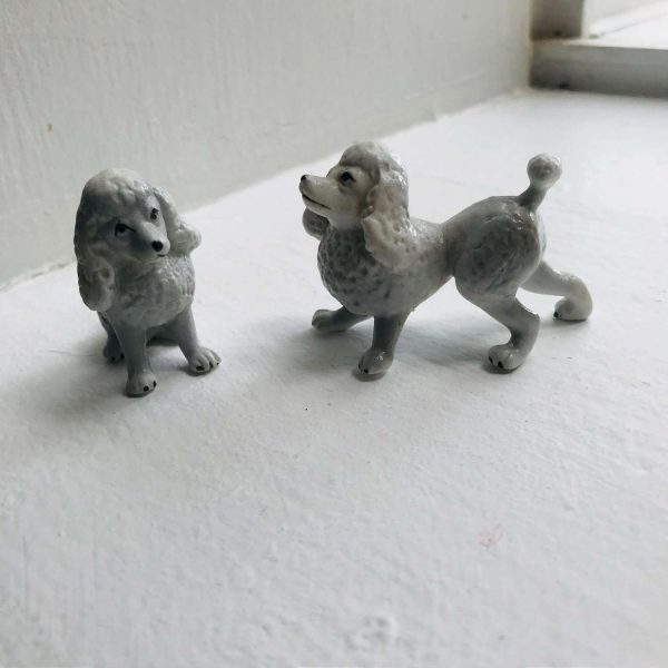 Miniature pair of gray poodle figurines hand painted great detail collectible display farmhouse cottage cabin lodged bedroom curio cabinet