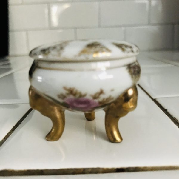 Miniature Trinket Ring Dish Moss Rose with heavy gold 3 legs raised dish fine detail farmhouse collectibles display cottage bedroom vanity