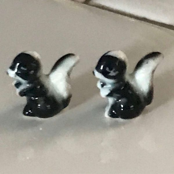 Miniature vintage Pair of Skunk figurines fine bone china collectible display home decor black & white 1/2" tall
