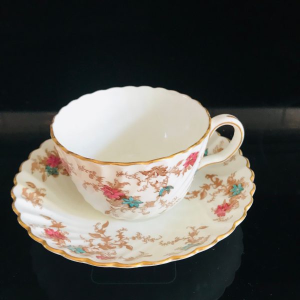 Minton tea cup and saucer England Fine bone china Ancestral pattern teal dark pink floral farmhouse collectible display coffee serving