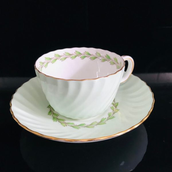 Minton tea cup and saucer England Fine bone china Chevoit light green farmhouse collectible display coffee serving