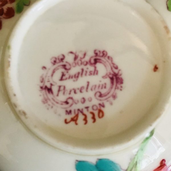Minton tea cup and saucer England Fine bone china Pink & blue floral  farmhouse collectible display coffee serving