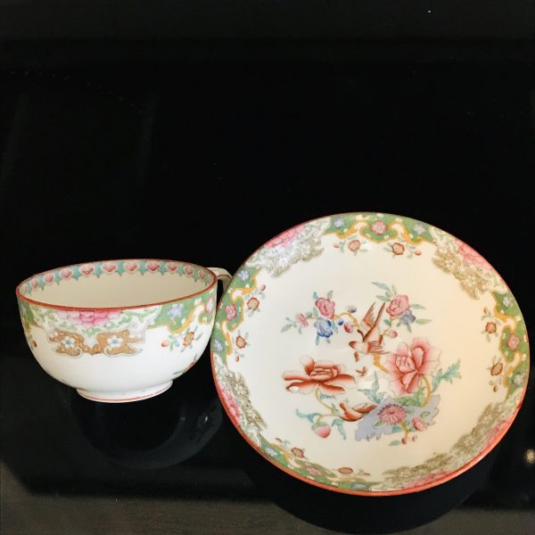 Minton tea cup and saucer England Fine bone china Pink & orange floral with birds  farmhouse collectible display coffee serving