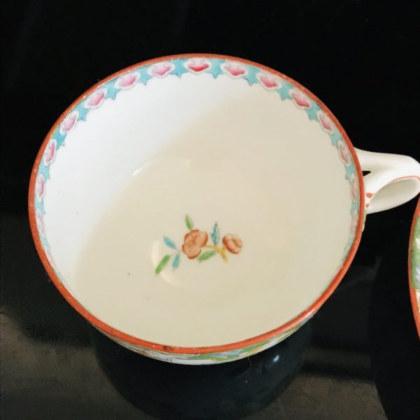 Minton tea cup and saucer England Fine bone china Pink & orange floral with birds  farmhouse collectible display coffee serving