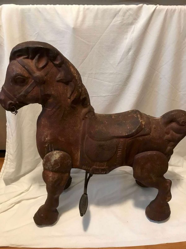 Mobo Horse 1930's Pressed Metal Rolling Riding Toy horse 37" long 29" tall with pedals farmhouse collectible display movie prop vintage