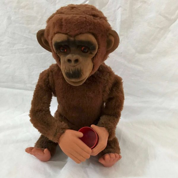 Monkey automated toy with cup battery operated Mid century Japan Fur animated toy collectible display movie tv prop