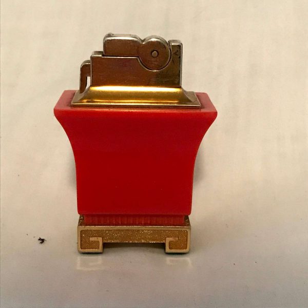 New Old Stock Unused Asian Style Mod Retro Atomic Table Lighter Red and Gold Push button Made in USA A.S.R. brand collectible Modern