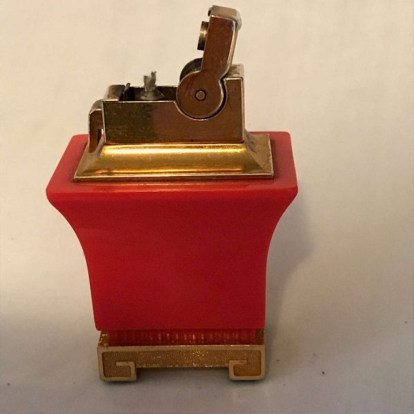 New Old Stock Unused Asian Style Mod Retro Atomic Table Lighter Red and Gold Push button Made in USA A.S.R. brand collectible Modern