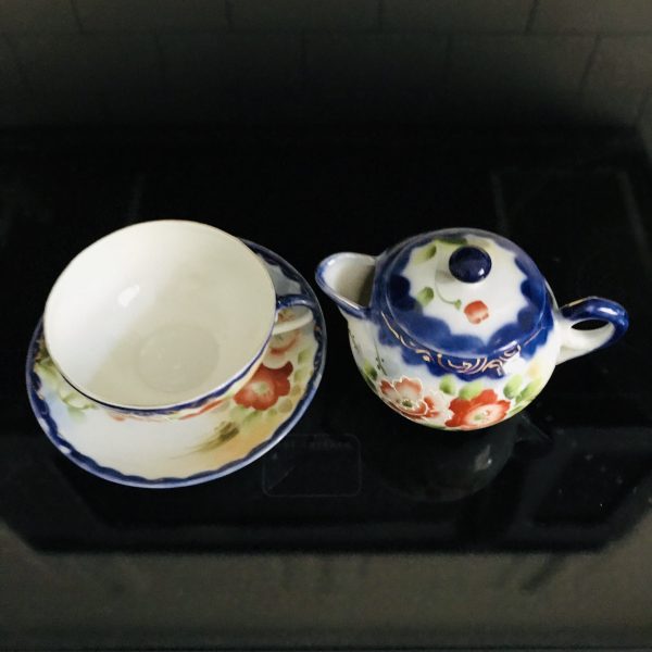 Nippon tea cup and saucer wth single serve teapot Japan Flow Blue Fine bone china hand painted farmhouse collectible display cottage