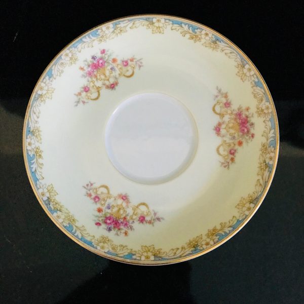 Noritake tea cup and saucer Japan Fine bone china Blue edges pink flowers gold trim farmhouse collectible display cottage serving