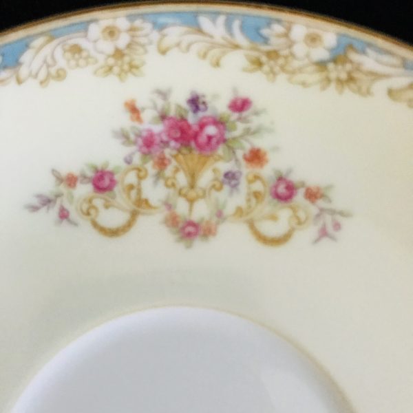 Noritake tea cup and saucer Japan Fine bone china Blue edges pink flowers gold trim farmhouse collectible display cottage serving
