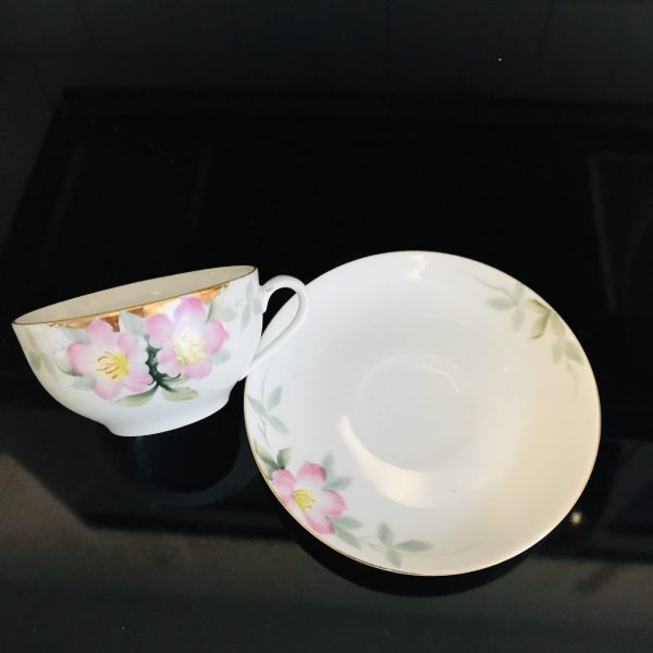 Noritake tea cup and saucer Japan Fine bone china pink flowers gold trim farmhouse collectible display cottage serving
