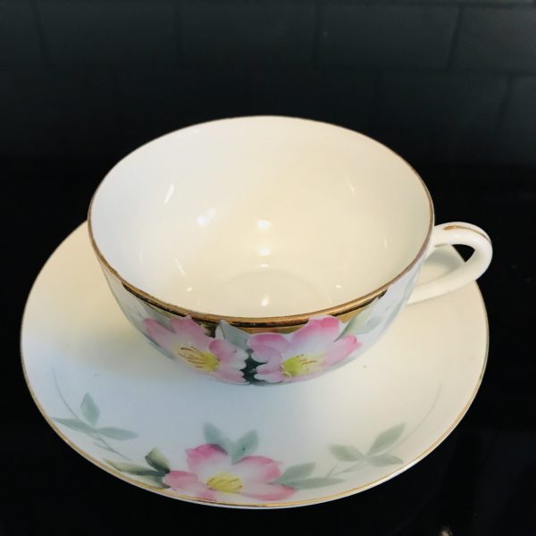 Noritake tea cup and saucer Japan Fine bone china pink flowers gold trim farmhouse collectible display cottage serving
