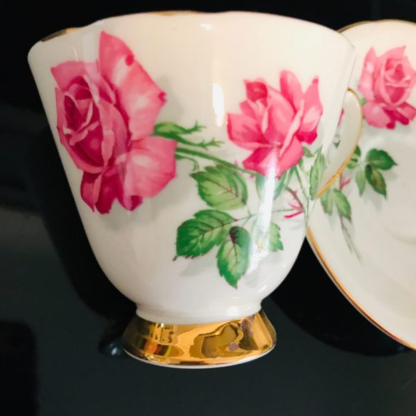 Old Royal tea cup and saucer England Bright Pink Roses Light green inside cup Gold pedestal base  farmhouse collectible display serving