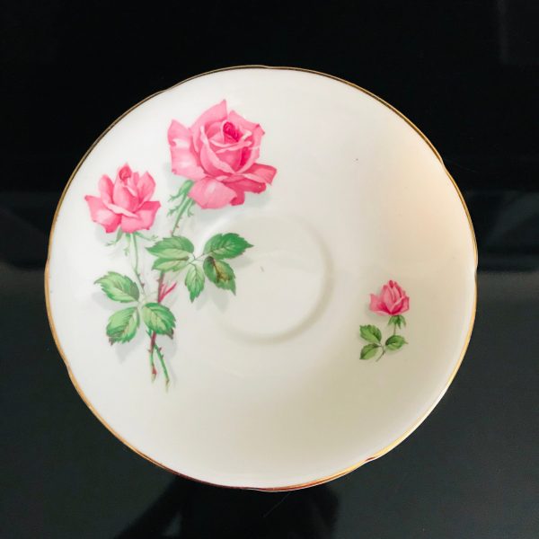 Old Royal tea cup and saucer England Bright Pink Roses Light green inside cup Gold pedestal base  farmhouse collectible display serving