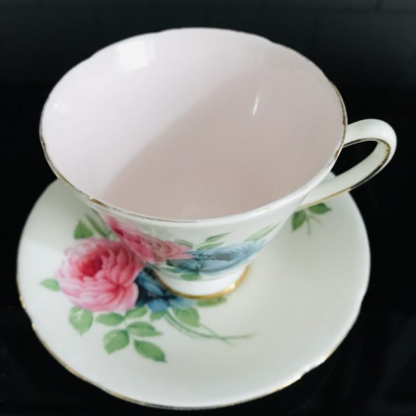 Old Royal Tea cup and saucer England Fine bone china blue & pink roses light pink inside cup farmhouse collectible display serving