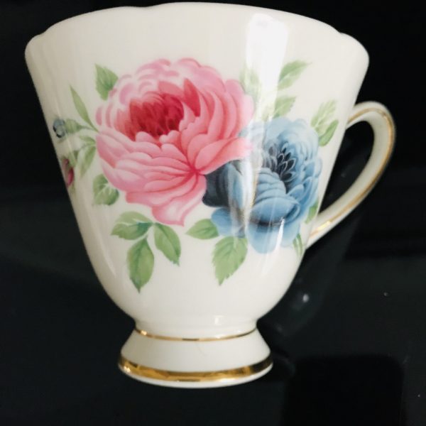 Old Royal Tea cup and saucer England Fine bone china blue & pink roses light pink inside cup farmhouse collectible display serving