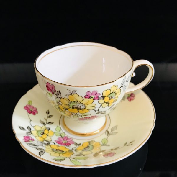 Old Royal Tea cup and saucer England Fine bone china light yellow with bright yellow & pink flowers farmhouse collectible display serving