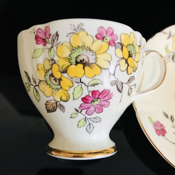Old Royal Tea cup and saucer England Fine bone china light yellow with bright yellow & pink flowers farmhouse collectible display serving