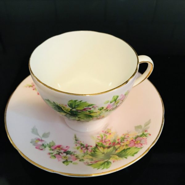 Old Royal Tea cup and saucer England Fine bone china pink background with pink flowers farmhouse collectible display serving