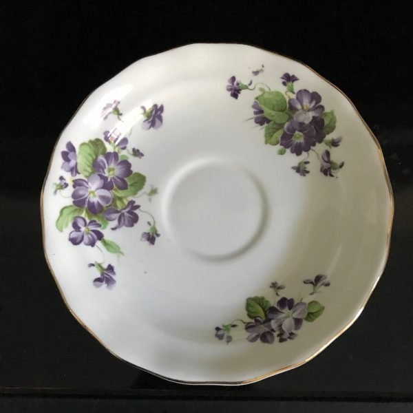 Old Royal tea cup and saucer England Purple flowers green leaves farmhouse collectible display serving bridal wedding