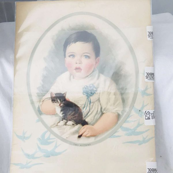 Original Lithograph Full Color Embossed Two Kittens Salesman Sample Art farmhouse Collectible Display from Painting by Harry Roseland