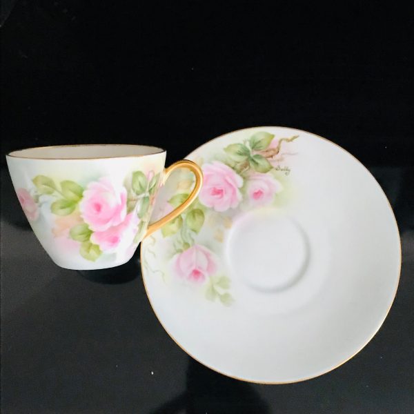 Pair Bavaria Tea cup and saucer hand painted Pink roses on light blue 1961 Western Germany Fine bone china collectible display