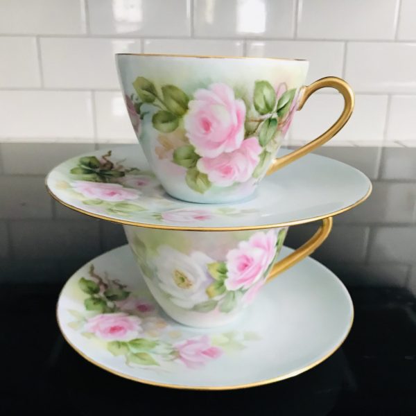 Pair Bavaria Tea cup and saucer hand painted Pink roses on light blue 1961 Western Germany Fine bone china collectible display