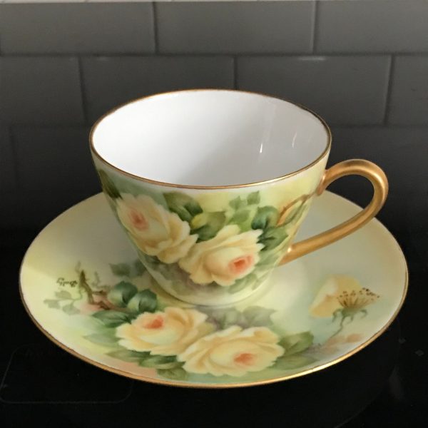 Pair Bavaria Tea cup and saucer hand painted Yellow Roses on light yellow background 1961 Western Germany Fine bone china collectible